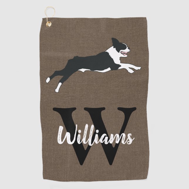 Serviette De Golf Boston Terriers Rustique Monogramme Nom (Devant)
