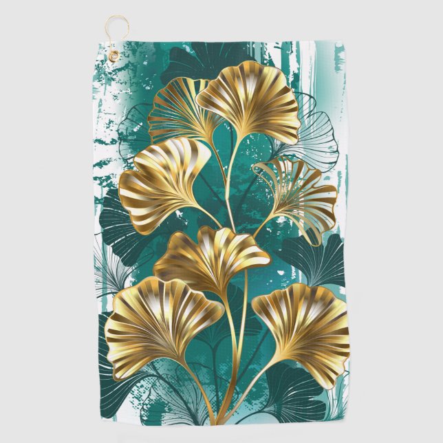 Serviette De Golf Branche avec Feuilles d'or Ginko Biloba (Devant)