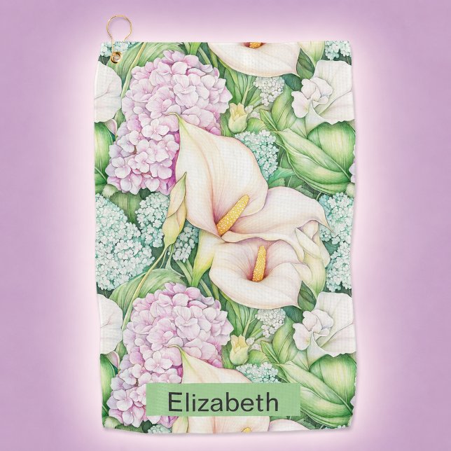 Serviette De Golf Calla Lily Pastel Personnalisé (Pretty pastel calla lily flowers personalized golf towel for women)