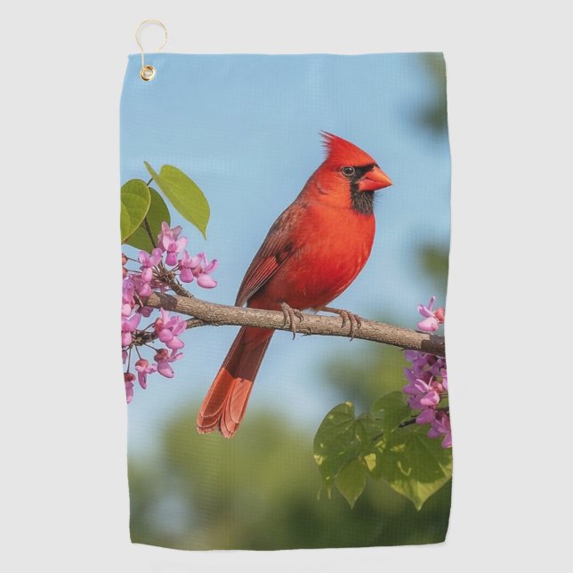 Serviette De Golf Cardinal sur une branche de Redbud (Devant)