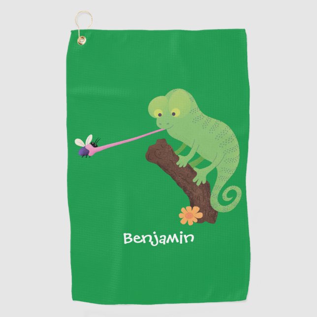 Serviette De Golf Caricature de lézard de caméléon vert joyeux (Devant)