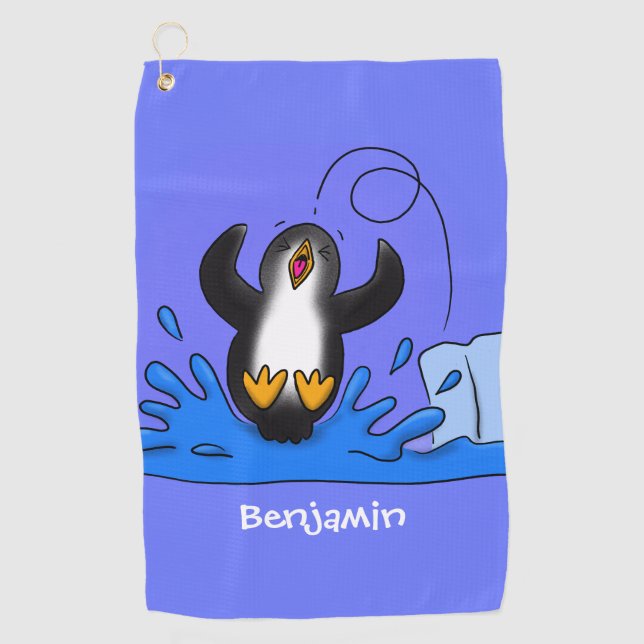 Serviette De Golf Caricature de manchot joyeux sautant (Devant)