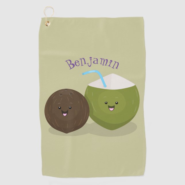 Serviette De Golf Caricature de noix de coco kawaii joyeux (Devant)