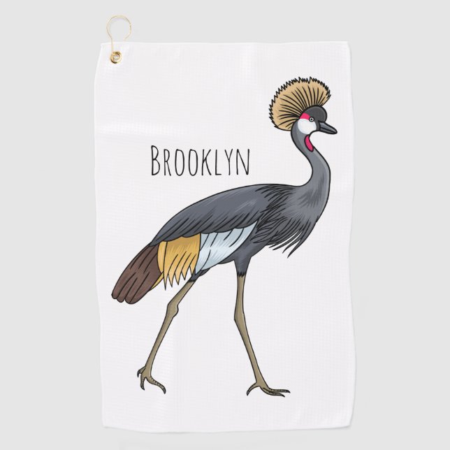 Serviette De Golf Caricature d'oiseau de grue couronné gris (Devant)