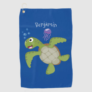 Serviette De Golf Caricature joyeuse de tortue de mer verte mignonne