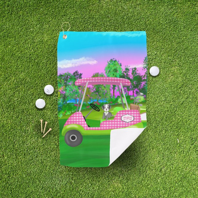 Serviette De Golf Chariot de golf avec un schnauzer mignon et initia (Créateur téléchargé)