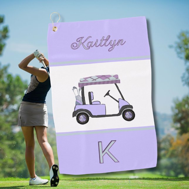 Serviette De Golf Chariot de golf lavande violet Monogramme Nom   (Créateur téléchargé)