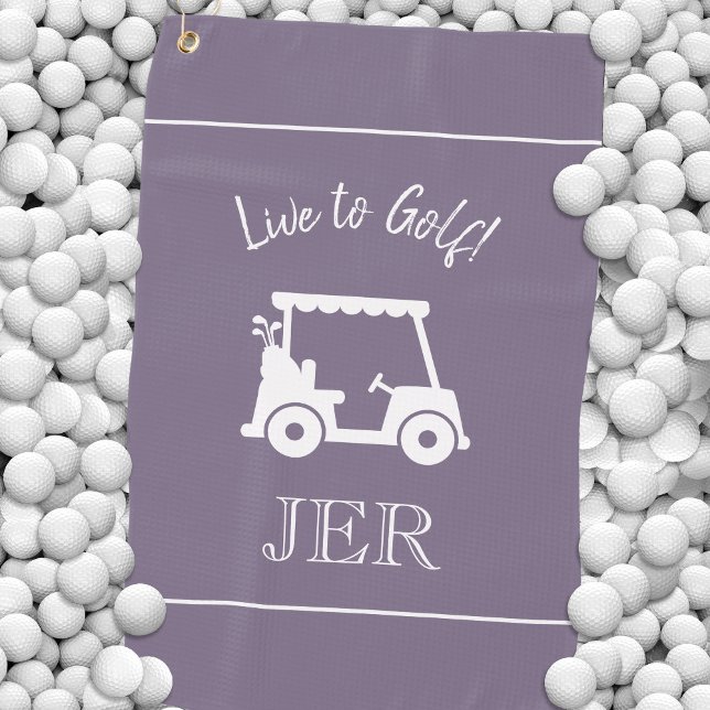 Serviette De Golf Chariot de Golf Live to Golf Monogrammé Chic Viole (Golf Cart Live to Golf Monogrammed Chic Purple Golf Towel)
