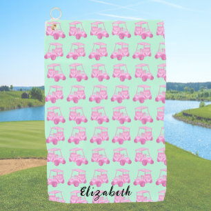 Serviette De Golf Chariot de golf rose et vert amusant nom personnal