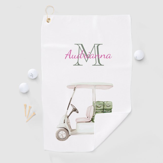 Serviette De Golf Chariot de Golf Vert Blanc Monogramme (En situation)