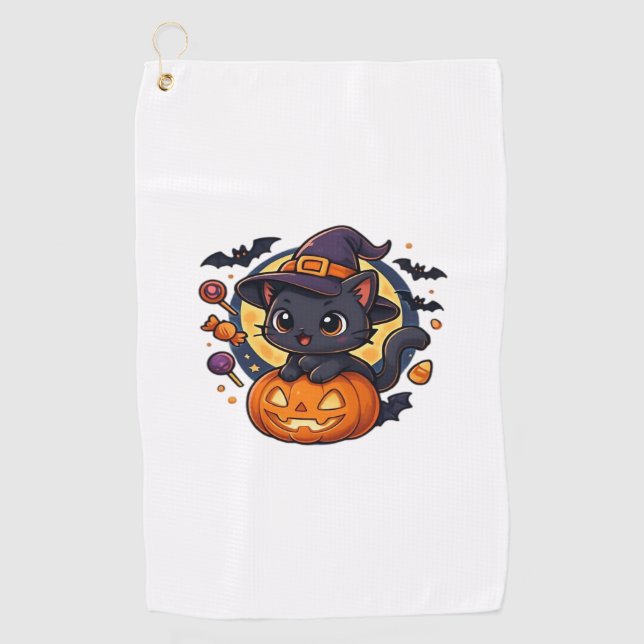 Serviette De Golf Chat à sorcière sur Citrouille - Halloween Art Ove (Devant)