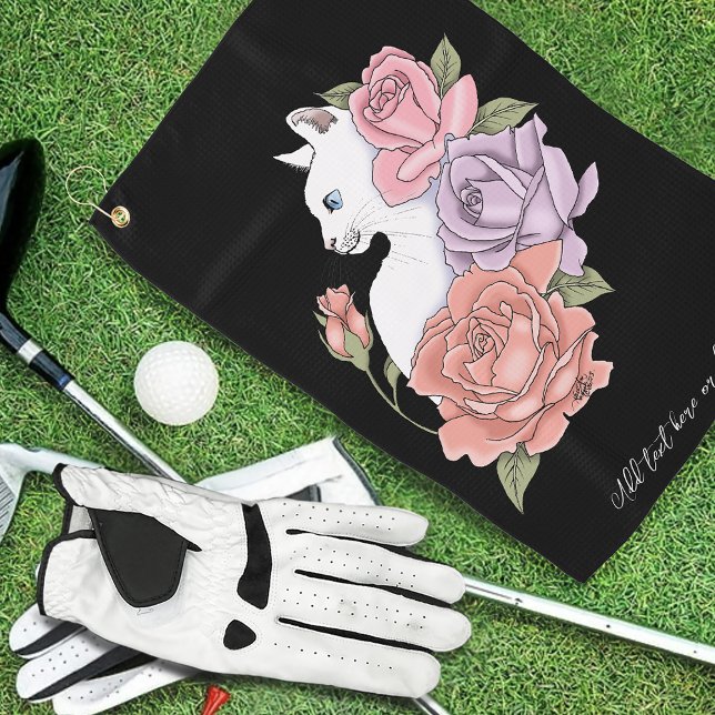 Serviette De Golf Chat Blanc Pastel Floral Botanique Romantique Noir (Créateur téléchargé)