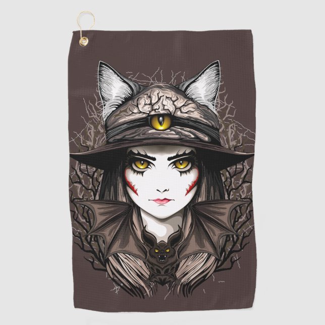 Serviette De Golf Chat de sorcière Halloween Déplaisant Portrait mig (Devant)