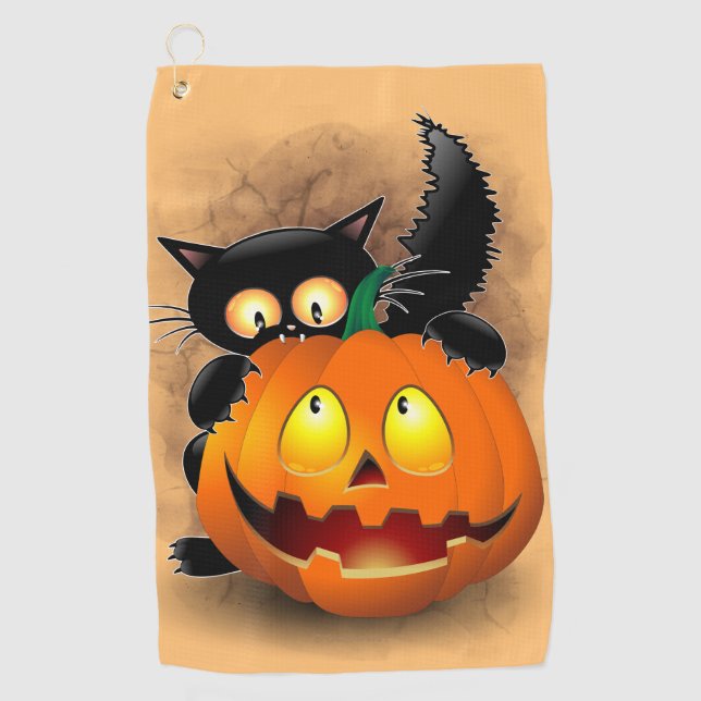 Serviette De Golf Chat Fun Halloween Caractère mordant un Citrouille (Devant)