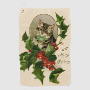 Serviette De Golf Chat Noël Joyau Holly Kitten Art antique