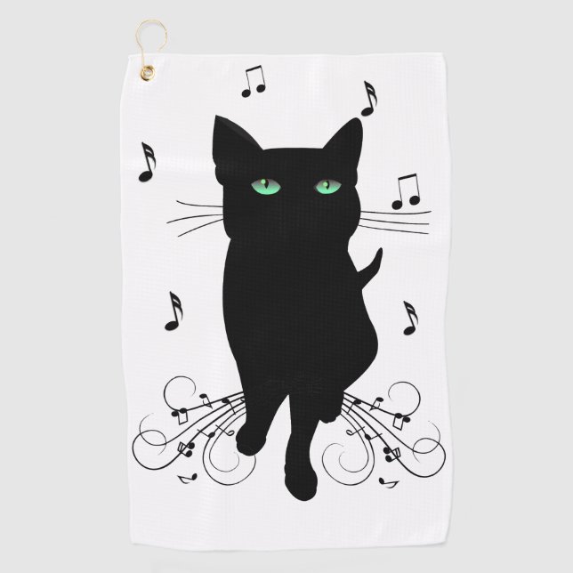 Serviette De Golf Chat noir entouré de notes de musique murmurantes (Devant)