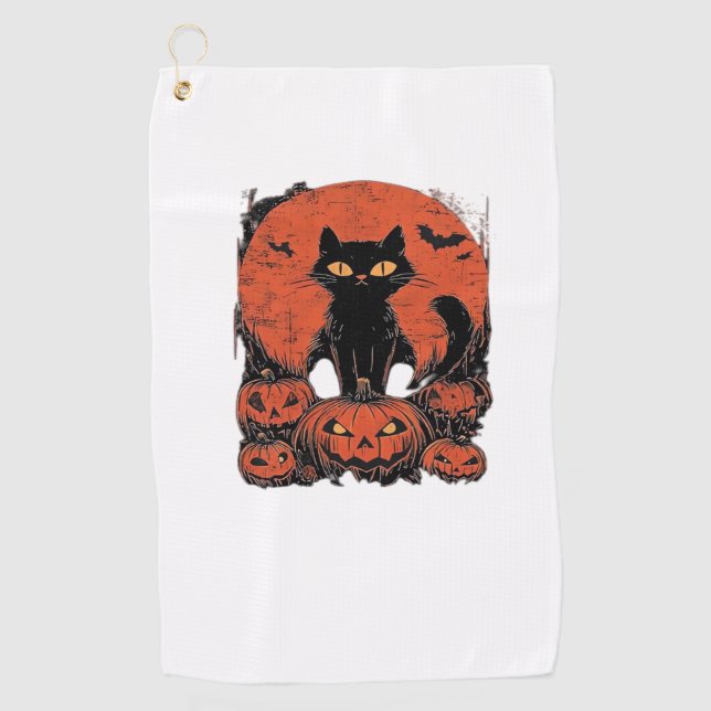 Serviette De Golf Chat noir et Citrouille - Halloween T-shirt Art Cl (Devant)