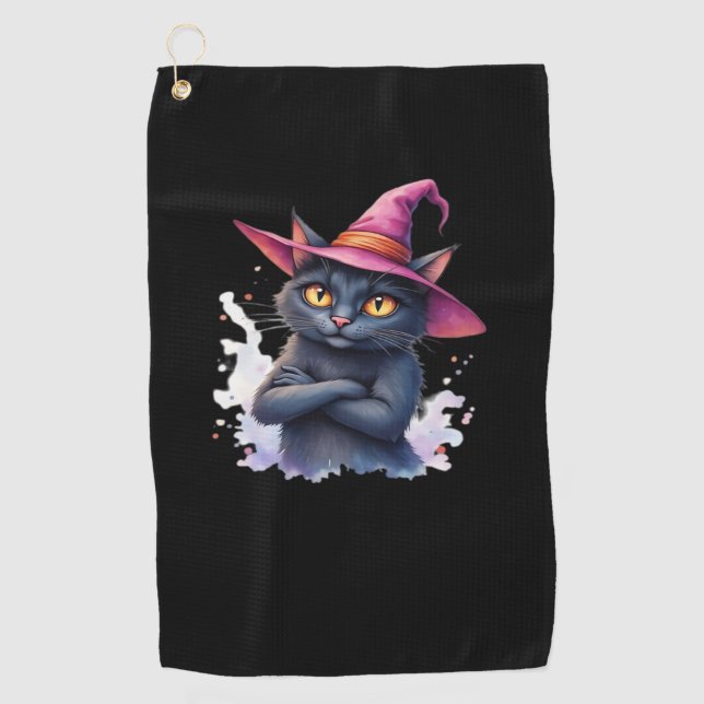 Serviette De Golf Chat noir mignon en sorcier Casquette - Halloween  (Devant)