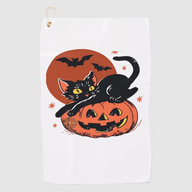Serviette De Golf Chat noir, Nostalgique T-shirt classique Halloween (Devant)