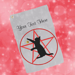 Serviette De Golf Chat noir pentagramme rouge symboles de sorcière s