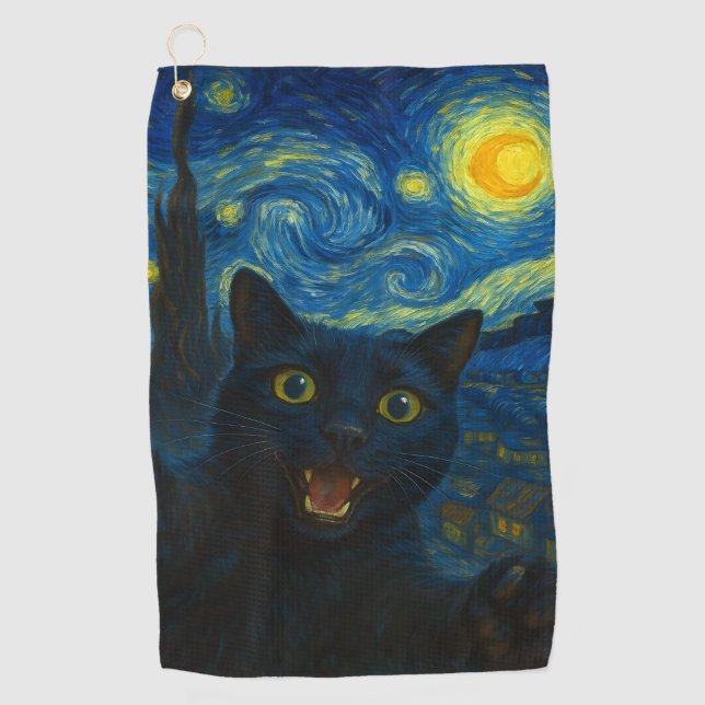 Serviette De Golf Chat noir Starry Nuit Van Gogh Chat Selfie (Devant)