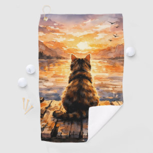 Serviette De Golf Chat sur le quai au coucher du soleil