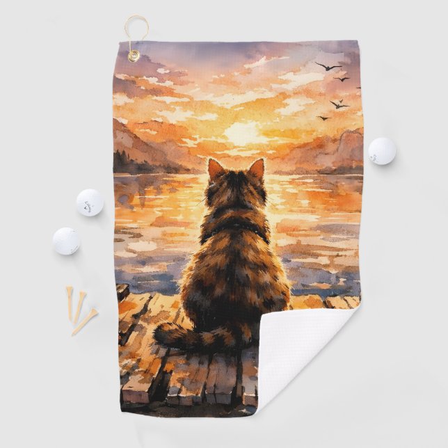Serviette De Golf Chat sur le quai au coucher du soleil (En situation)