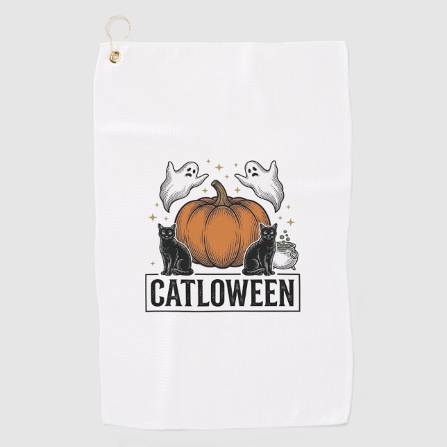 Serviette De Golf Chatoween Chat Noir Fantôme Halloween Conception V (Devant)