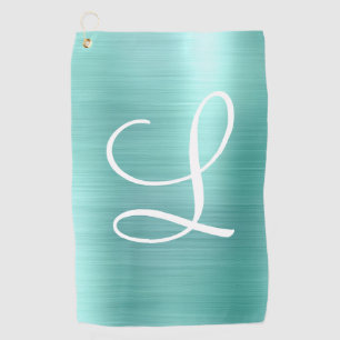Serviette De Golf Chic Aqua Brossé Métal Blanc Monogramme Serviett