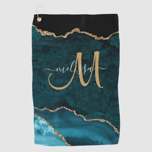 Serviette De Golf Chic Turquoise Gold Parties scintillant Agate Pers (Devant)