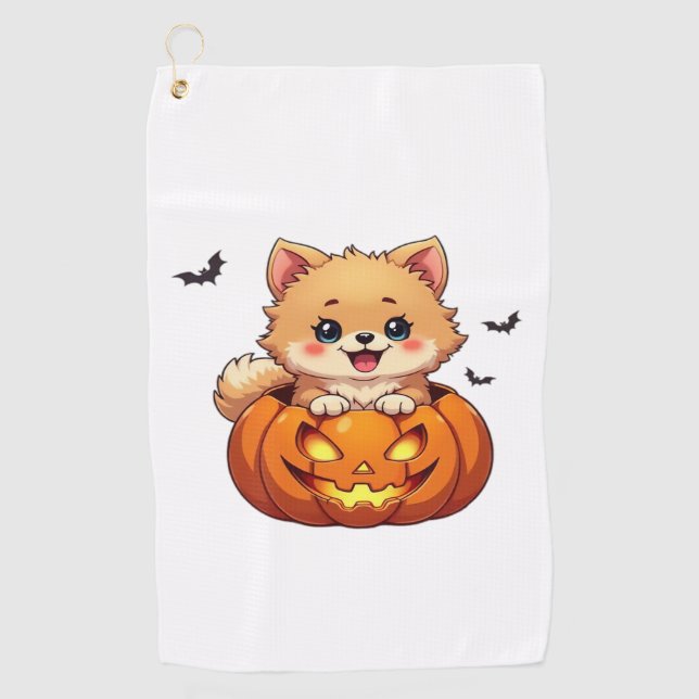Serviette De Golf Chien de Poméranie Happy Halloween citrouille Clas (Devant)