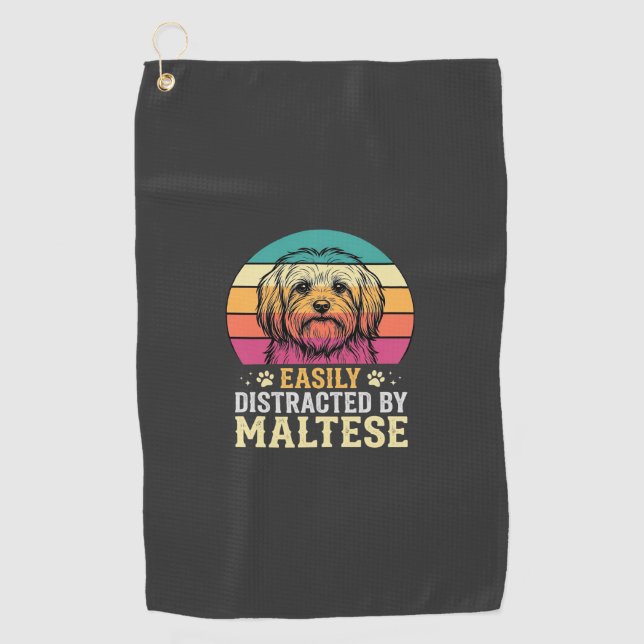Serviette De Golf Chien maltais rétro coucher de soleil distrait (Devant)