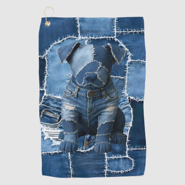 Serviette De Golf Chien Patchwork Art Denim (Devant)