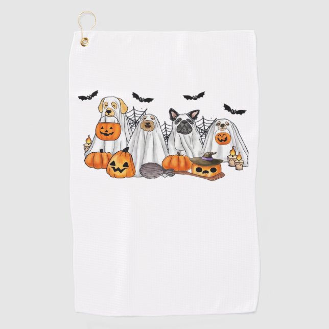Serviette De Golf Chiens en costumes fantômes Halloween T-shirt clas (Devant)