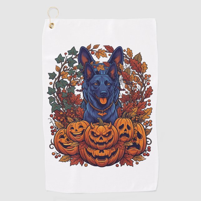 Serviette De Golf Chiens Pitbull Bleus Citrouilles Halloween Feuille (Devant)
