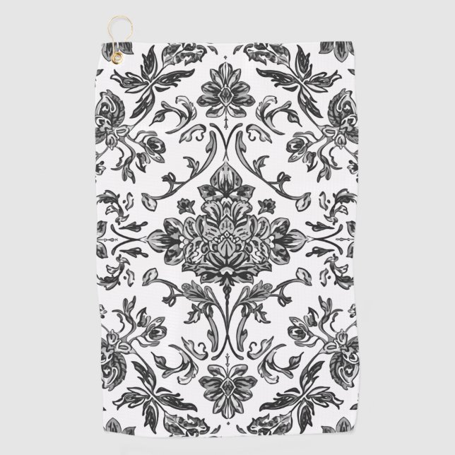 Serviette De Golf Chinoiserie Florale Aquarelle Noir & Blanc (Devant)