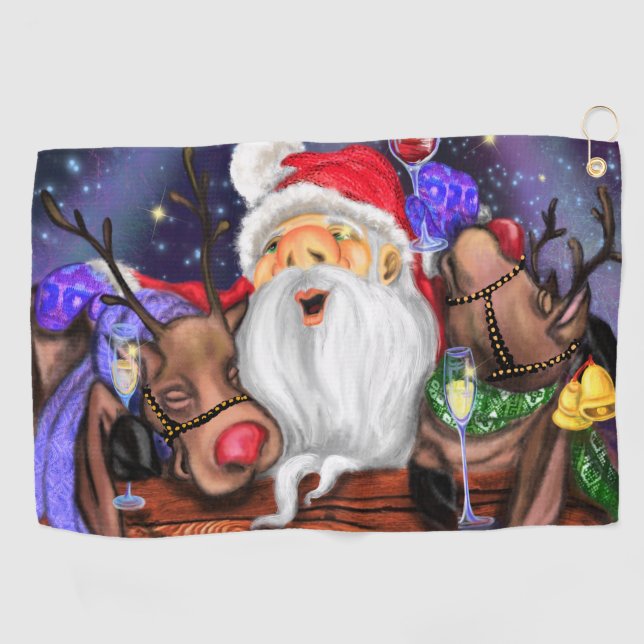 Serviette De Golf Christmas Golf Towel Père Noël et Reindeds Amusant (Horizontal)