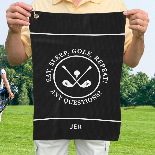 Serviette De Golf Citer Manger Golf Répéter Monogramme Noir (Golfer Black & White Modern Sports Pro Equipment Custom Monogram Golf Towel For Him or For Her)