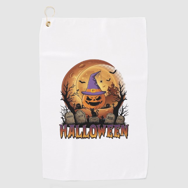 Serviette De Golf Citrouille d'Halloween Sorcière Chapeau Chat Noir  (Devant)