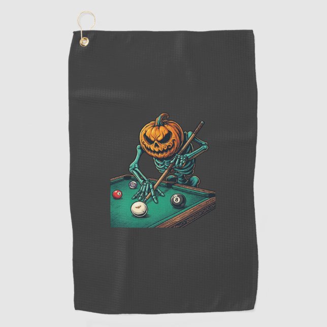 Serviette De Golf Citrouille d'Halloween squelette jouant au billard (Devant)