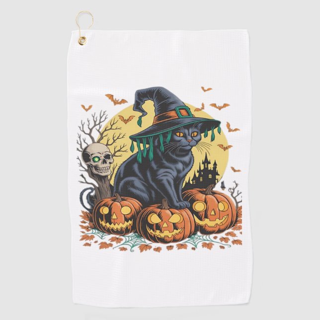 Serviette De Golf Citrouille Halloween de chatte noire surdimensionn (Devant)