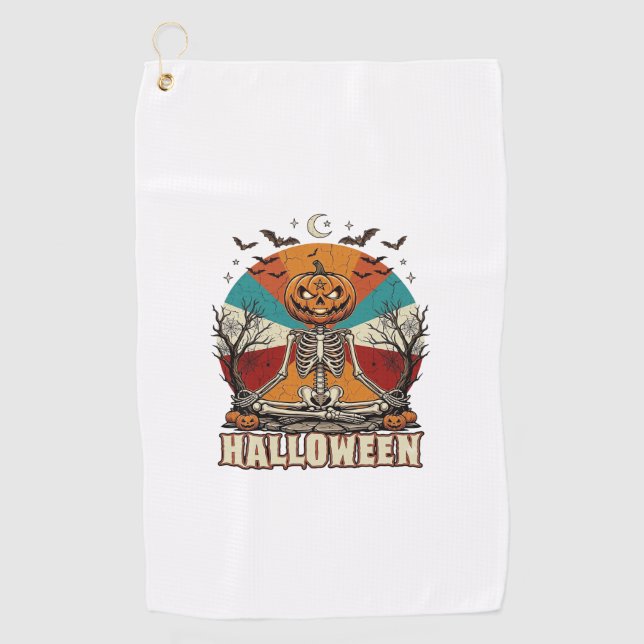 Serviette De Golf Citrouille squelette méditant Halloween Soleil Rét (Devant)