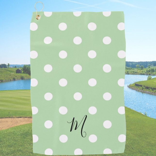 Serviette De Golf Classic Green Polka Dots Pattern Monogram (Créateur téléchargé)