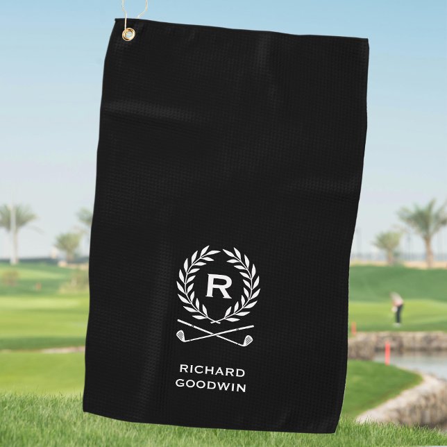 Serviette De Golf Classic Personnalisé Monogramme Wreath Black (Créateur téléchargé)