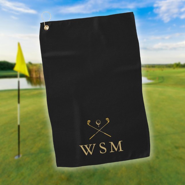 Serviette De Golf Clubs De Golf Monogramme Personnalisés Noir Et Or (Personalized Monogram Golf Clubs Black And Gold Golf Towel)