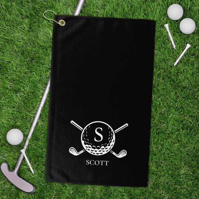 Serviette De Golf Clubs de golf noirs et blancs classiques Monogramm (Créateur téléchargé)