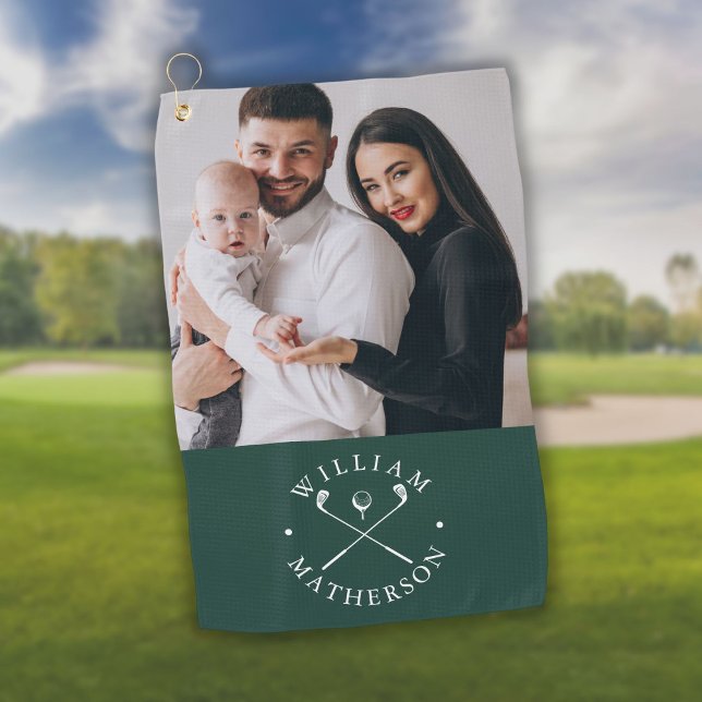 Serviette De Golf Clubs de golf personnalisés avec nom et photo Émer (Custom Photo Name Clubs Ball Emerald Green White Golf Towel)