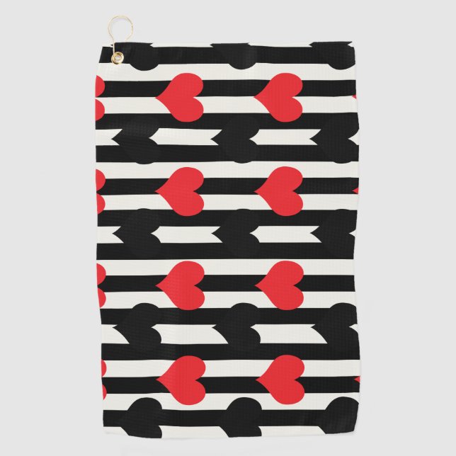 Serviette De Golf Coeurs Noirs Rouges Sur Bandes Blanches Noires (Devant)