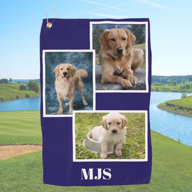 Serviette De Golf Collage de photos de chien bleu Monogramme Personn (Créateur téléchargé)