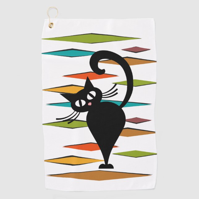 Serviette De Golf Conception du chat noir du milieu du siècle (Devant)
